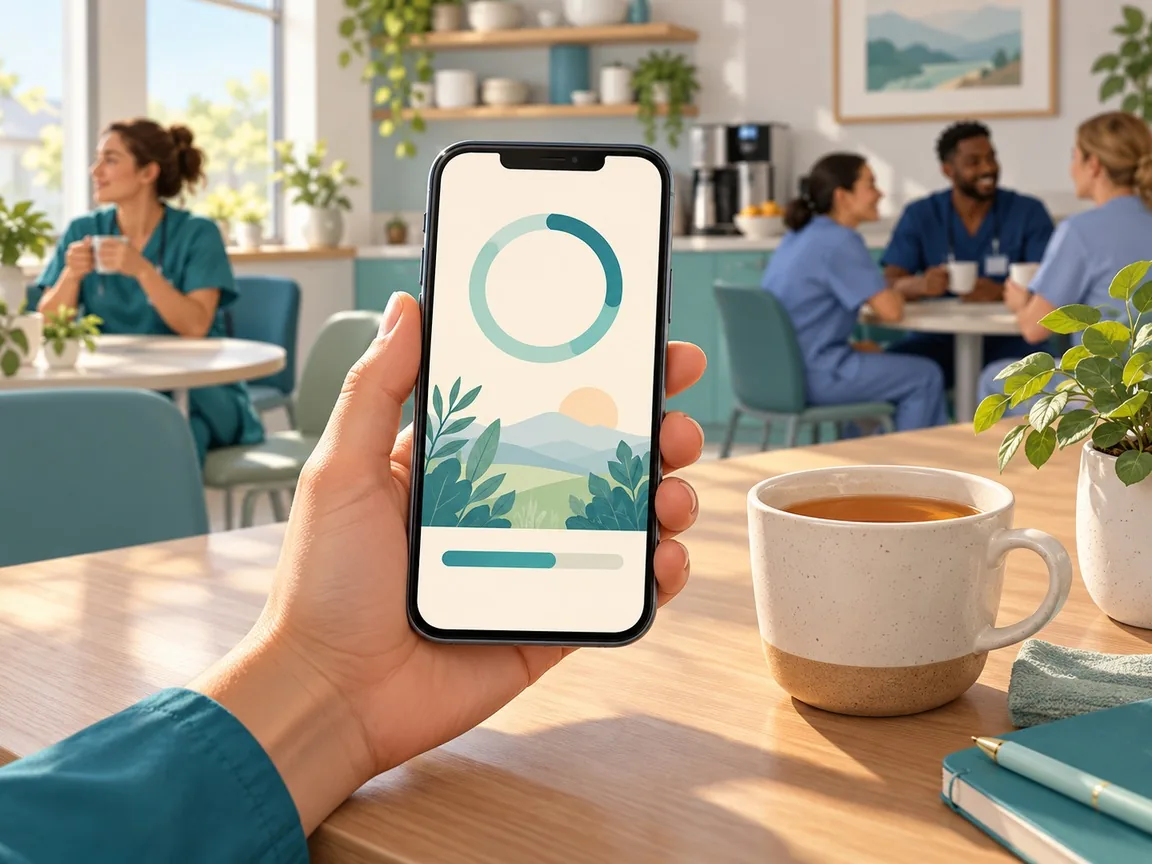 A hand holding a phone with a short illustrated lesson and a timer ring, in a staff break room.