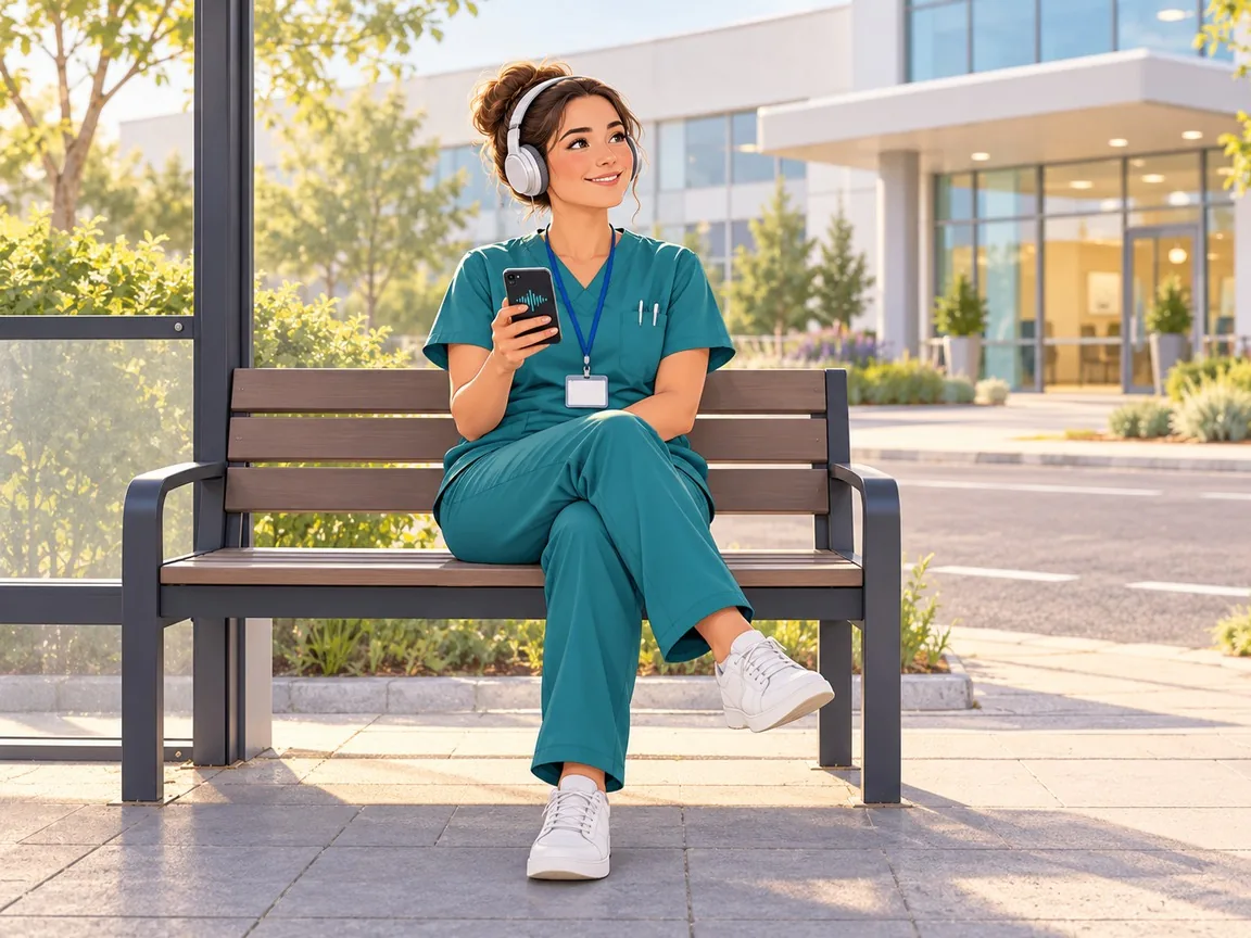A care worker in teal scrubs wearing headphones and listening to a lesson on her phone outside a clinic.