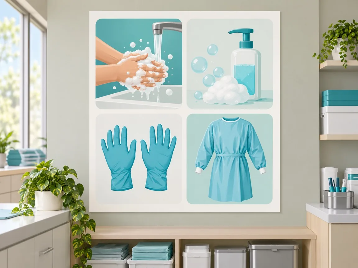A printed protocol poster of simple pictograms for hand washing, gloves and gown on a ward staff room wall.