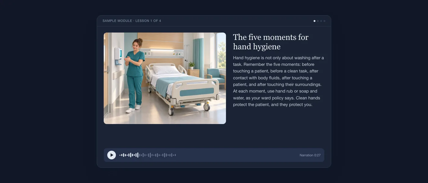 A finished lesson as the learner sees it: ward illustration, lesson text and audio player.