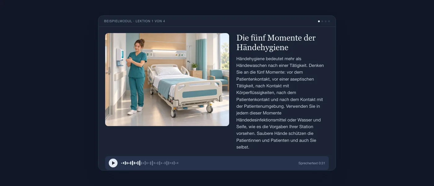 Eine fertige Lektion aus Sicht der Lernenden: Illustration einer Station, Lektionstext und Audioplayer.