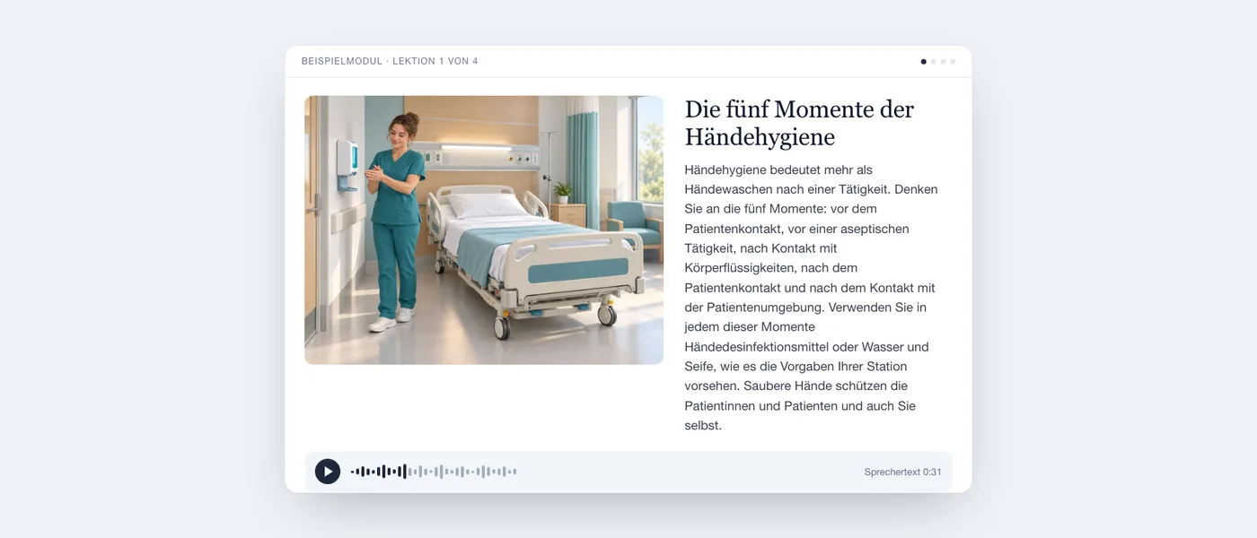 Eine fertige Lektion aus Sicht der Lernenden: Illustration einer Station, Lektionstext und Audioplayer.