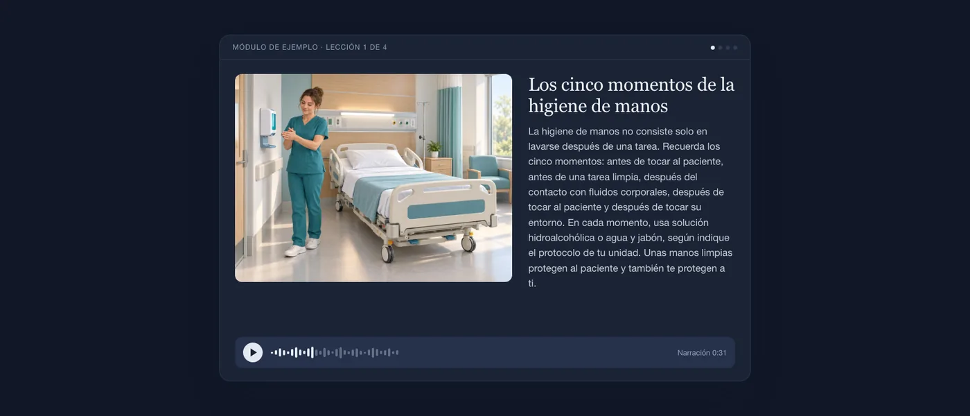 Una lección terminada tal como la ve el alumnado: ilustración de una planta hospitalaria, texto de la lección y reproductor de audio.