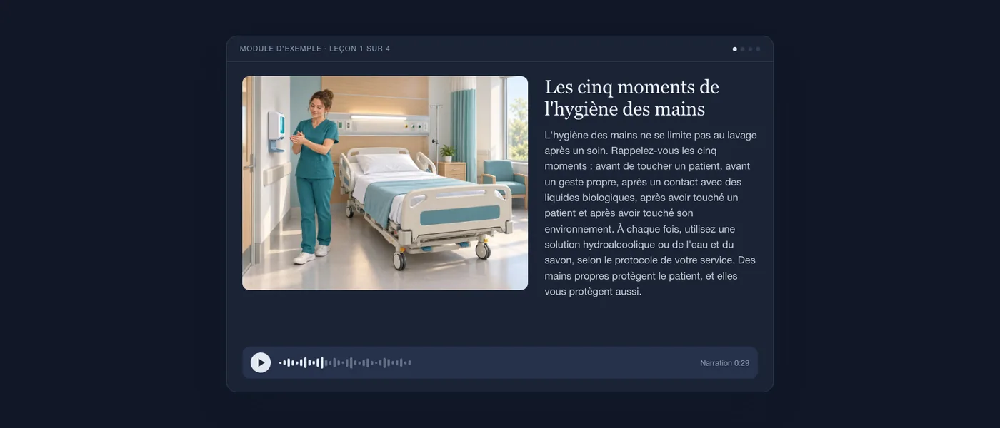 Une leçon finalisée telle que l'apprenant la voit : illustration du service, texte de la leçon et lecteur audio.