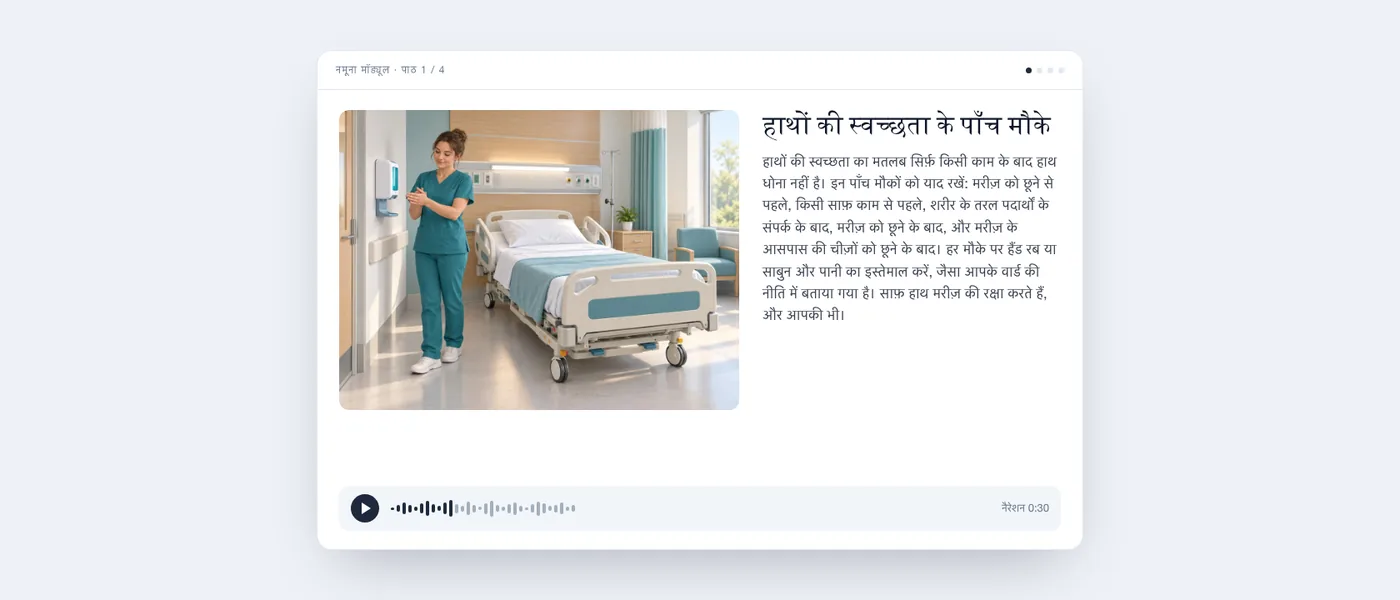 तैयार पाठ, जैसा सीखने वाले को दिखता है: वार्ड का चित्र, पाठ का टेक्स्ट और ऑडियो प्लेयर।