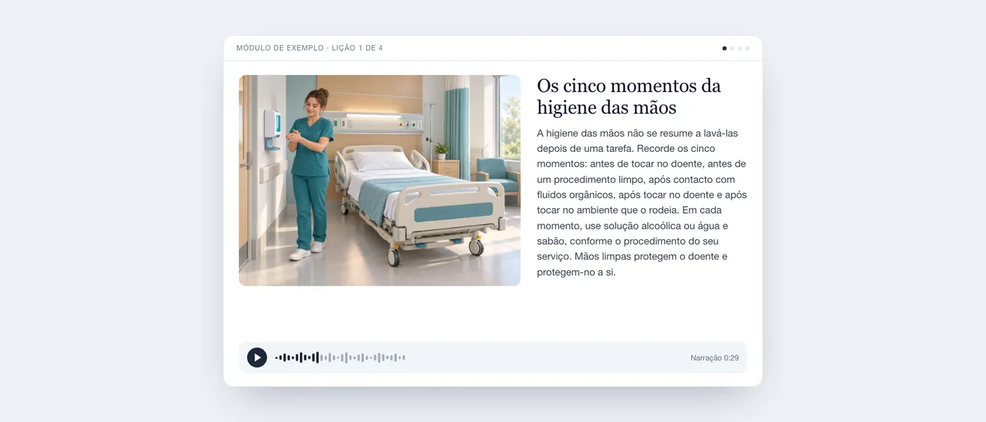 Uma lição concluída tal como o formando a vê: ilustração da enfermaria, texto da lição e leitor de áudio.