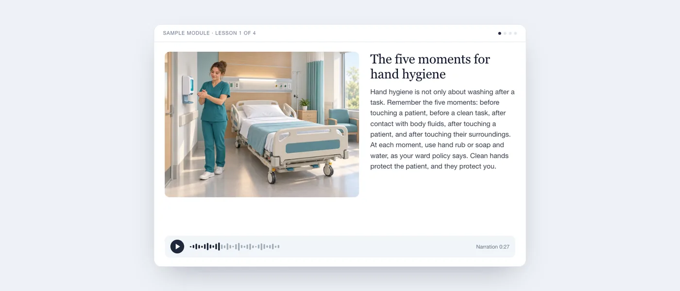 A finished lesson as the learner sees it: ward illustration, lesson text and audio player.