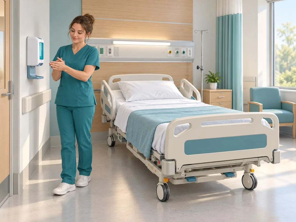 A nurse in teal scrubs rubs her hands with sanitiser from a wall dispenser beside an empty, neatly made ward bed.