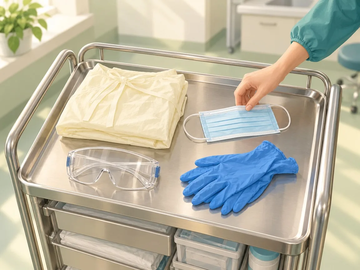 Protective equipment laid out on a clean ward trolley tray: a folded gown, a face mask, eye protection and blue gloves.