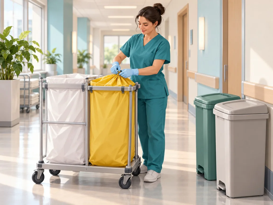 A care worker in teal scrubs and gloves closes a laundry bag on a trolley in a hospital corridor, with lidded waste bins nearby.