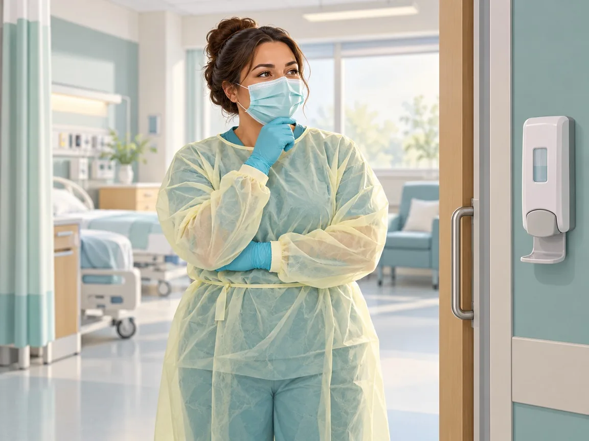 A nurse wearing a gown, mask and gloves pauses thoughtfully at a ward room door beside a hand-rub dispenser.