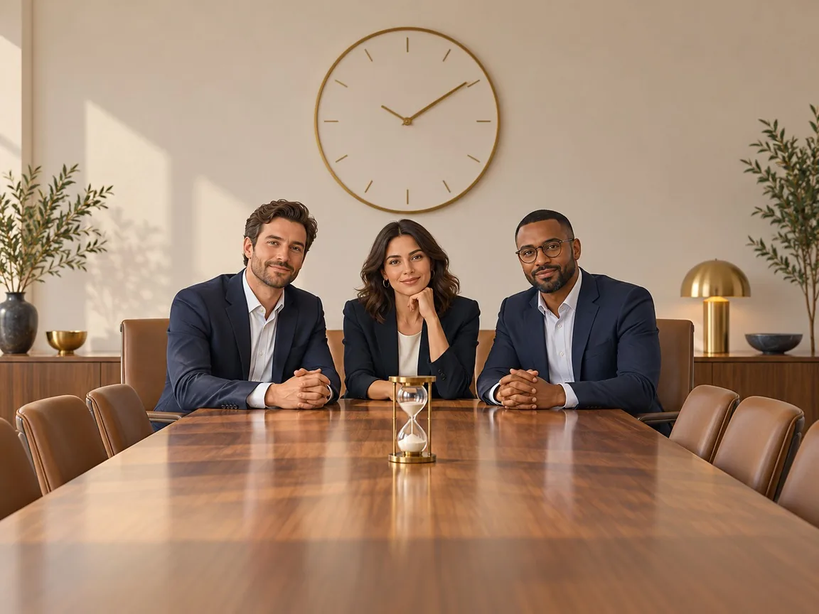 Three people sitting at a boardroom table with a wall clock behind them and an hourglass timer on the table.