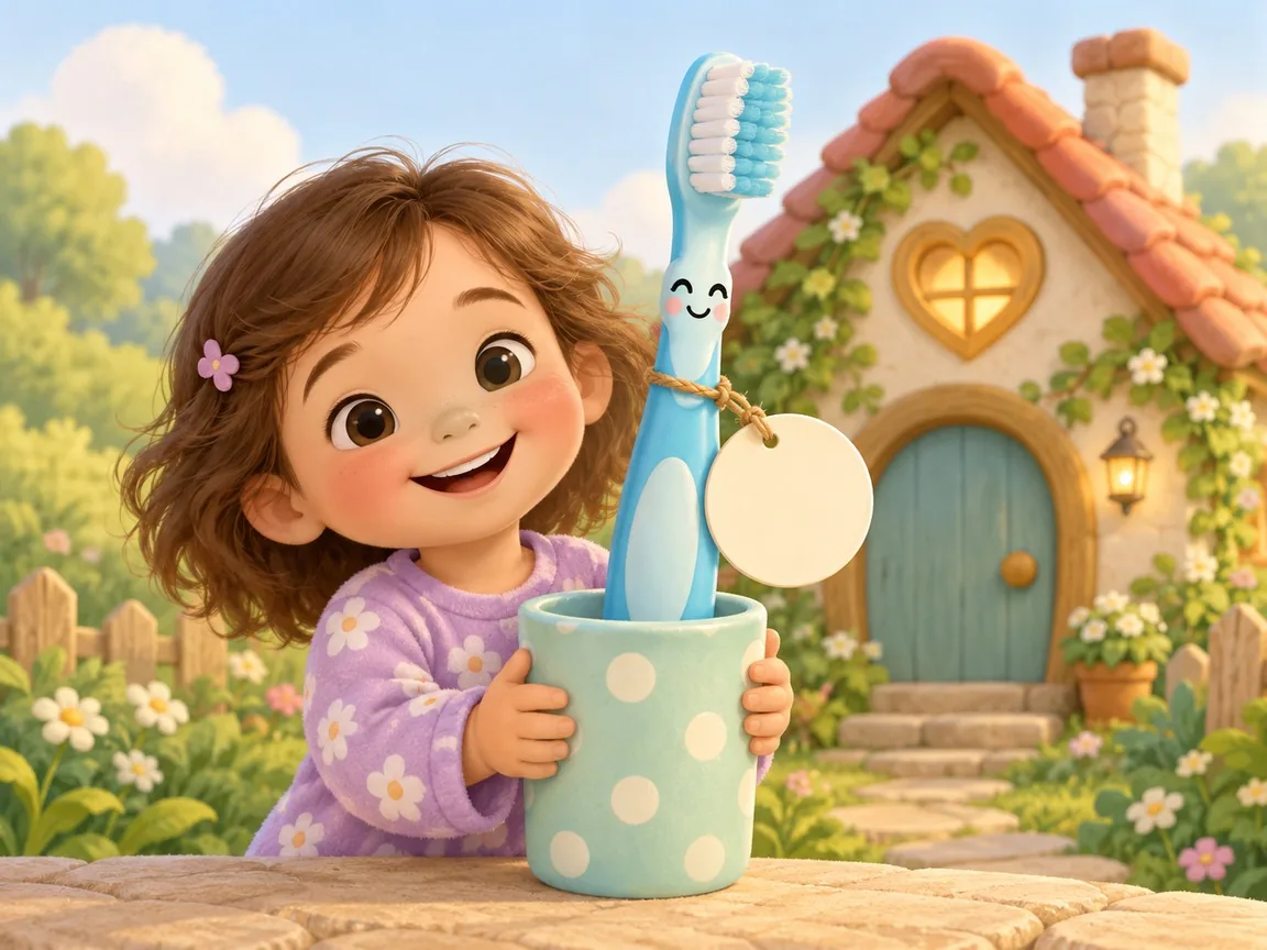 A smiling small child holding a blue toothbrush in a cup with a blank name tag, in front of a cosy little house, in picture-book style.