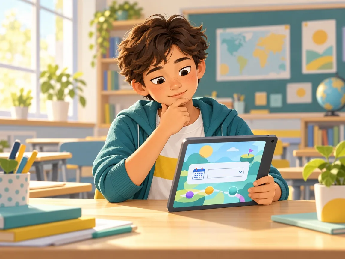 A pupil of about twelve at a classroom desk, resting a hand on the chin and looking thoughtfully at a tablet game that has a blank date field.