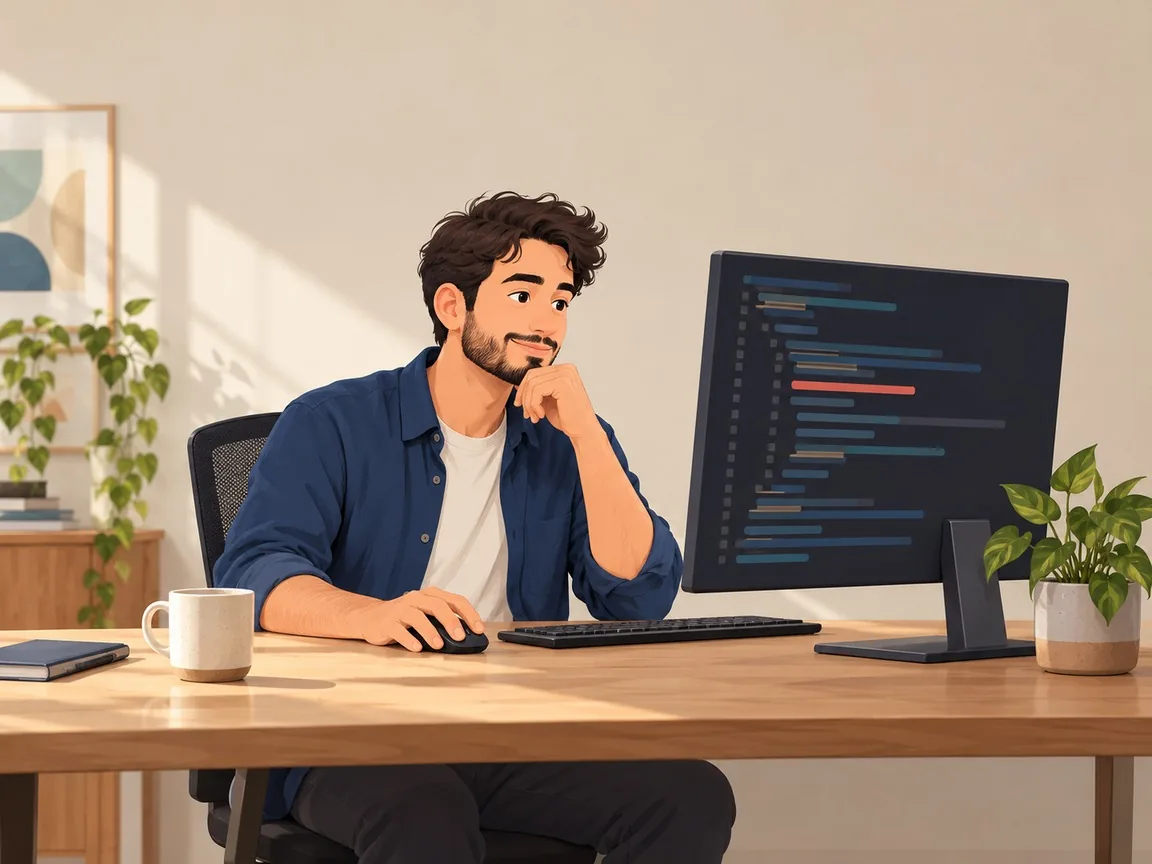A developer at a desk beside a monitor full of abstract terminal lines with one red highlighted line.