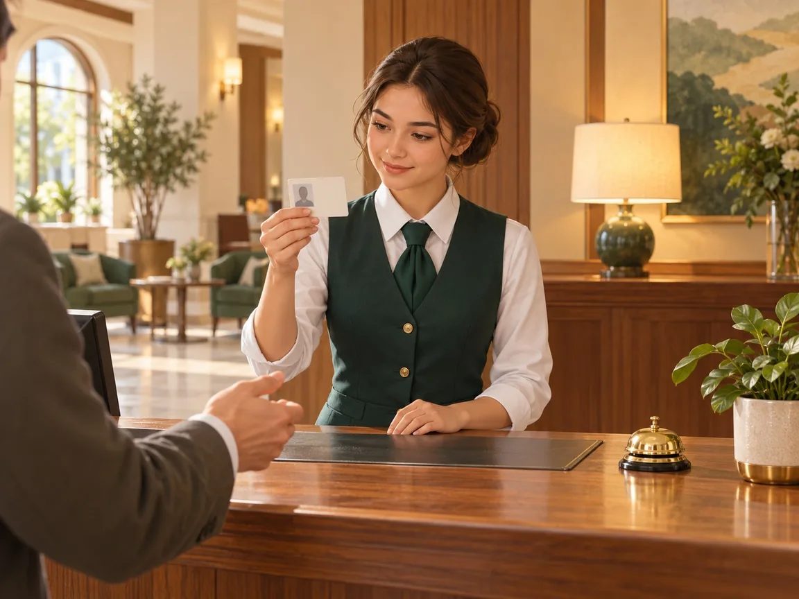 A trainee at a hotel reception desk looking carefully at an ID card while a guest waits across the desk.
