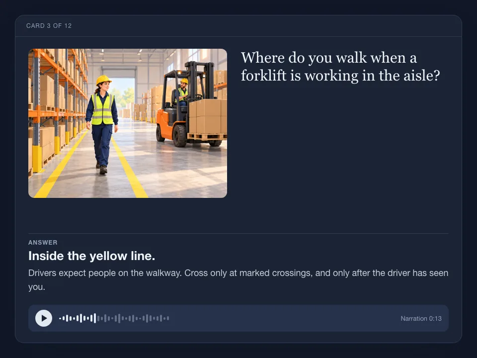 A flashcard with an illustration of a worker walking inside the yellow line while a forklift passes, the question, the answer with its explanation and an audio player.