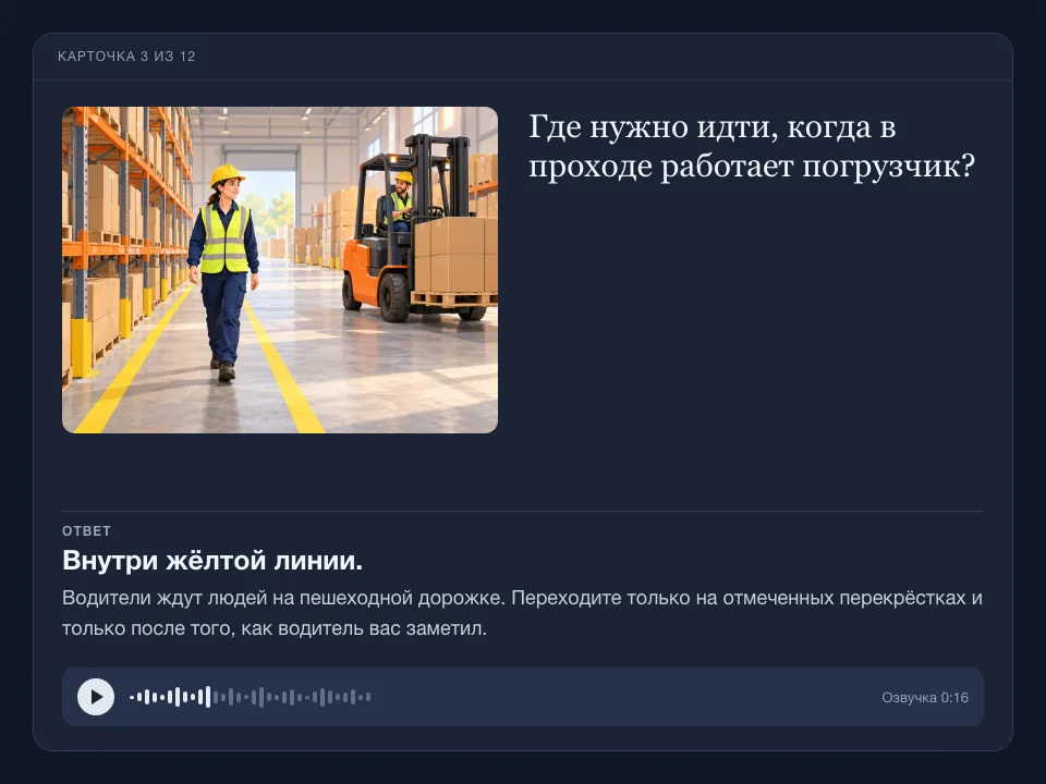 Флеш-карточка с иллюстрацией сотрудника, идущего внутри желтой линии, пока мимо проезжает погрузчик, с вопросом, ответом с пояснением и аудиоплеером.