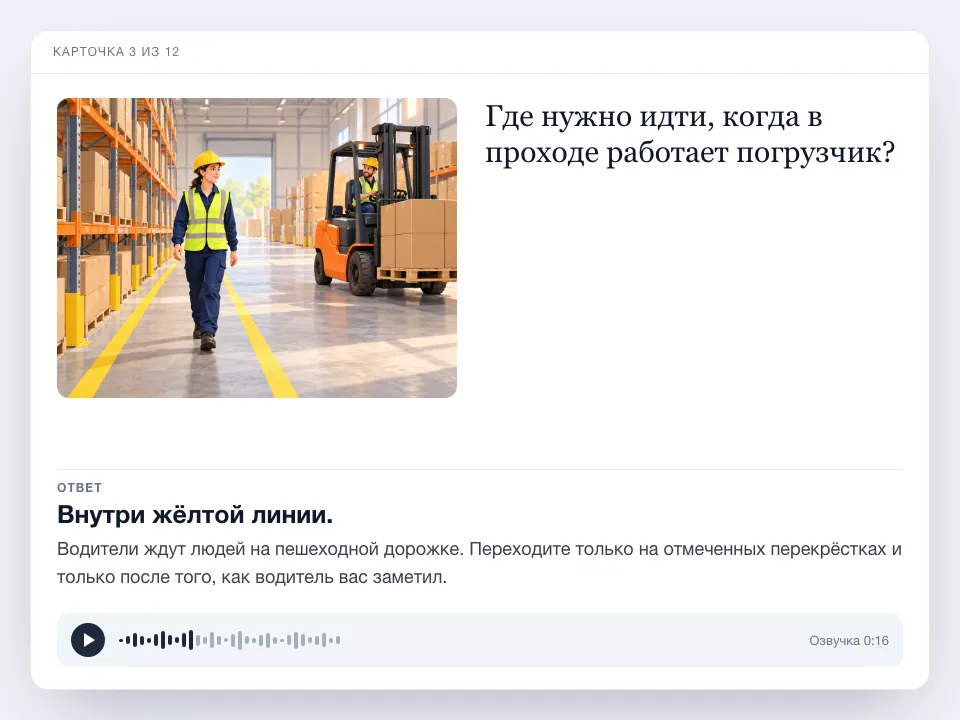 Флеш-карточка с иллюстрацией сотрудника, идущего внутри желтой линии, пока мимо проезжает погрузчик, с вопросом, ответом с пояснением и аудиоплеером.