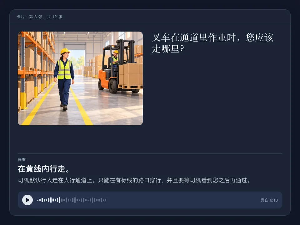 一张学习卡片：插图中一名工人在黄线内行走，一辆叉车驶过，卡片上还有问题、附解释的答案和音频播放器。