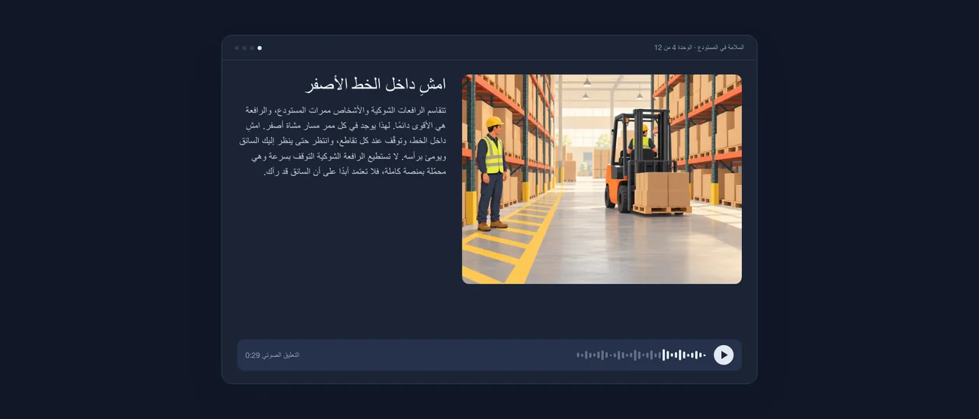 شاشة درس مكتمل كما يراها المتعلم: رسم توضيحي لعامل بجوار ممر مشاة أصفر ورافعة شوكية، ونص الدرس «امشِ داخل الخط الأصفر»، ومشغّل الصوت.