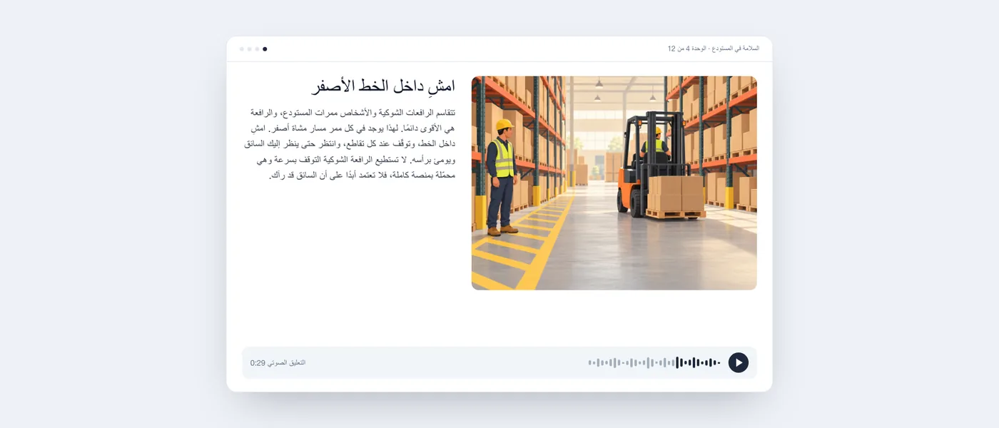 شاشة درس مكتمل كما يراها المتعلم: رسم توضيحي لعامل بجوار ممر مشاة أصفر ورافعة شوكية، ونص الدرس «امشِ داخل الخط الأصفر»، ومشغّل الصوت.