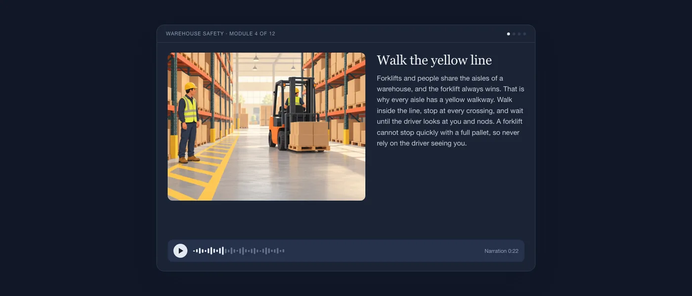 A finished lesson screen as the learner sees it: an illustration of a worker beside a yellow walkway and a forklift, the lesson text "Walk the yellow line" and an audio player.