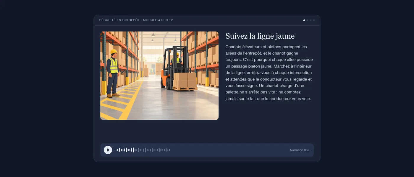 Un écran de leçon finalisée tel que l'apprenant le voit : l'illustration d'un opérateur à côté d'une allée piétonne jaune et d'un chariot élévateur, le texte de la leçon « Suivez la ligne jaune » et un lecteur audio.