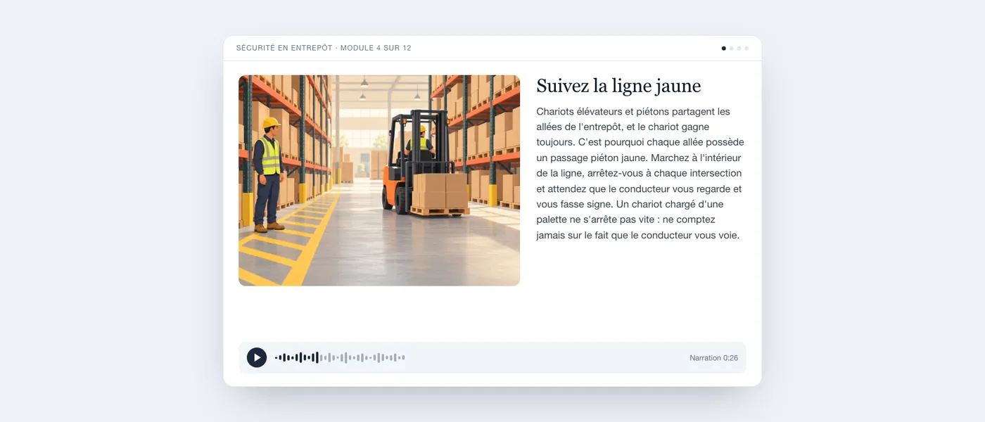 Un écran de leçon finalisée tel que l'apprenant le voit : l'illustration d'un opérateur à côté d'une allée piétonne jaune et d'un chariot élévateur, le texte de la leçon « Suivez la ligne jaune » et un lecteur audio.