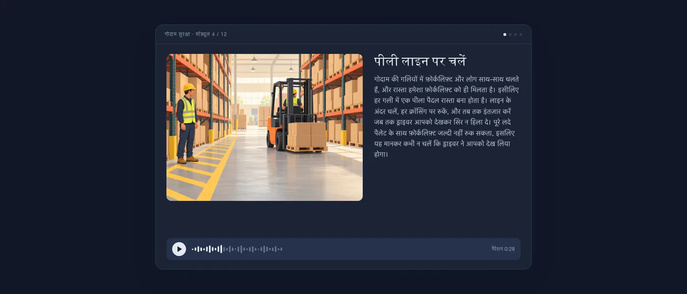 तैयार पाठ की स्क्रीन, जैसी सीखने वाले को दिखती है: पीले पैदल रास्ते और फ़ोर्कलिफ़्ट के पास खड़े एक कर्मचारी का चित्र, पाठ का टेक्स्ट "पीली लाइन पर चलें" और एक ऑडियो प्लेयर।