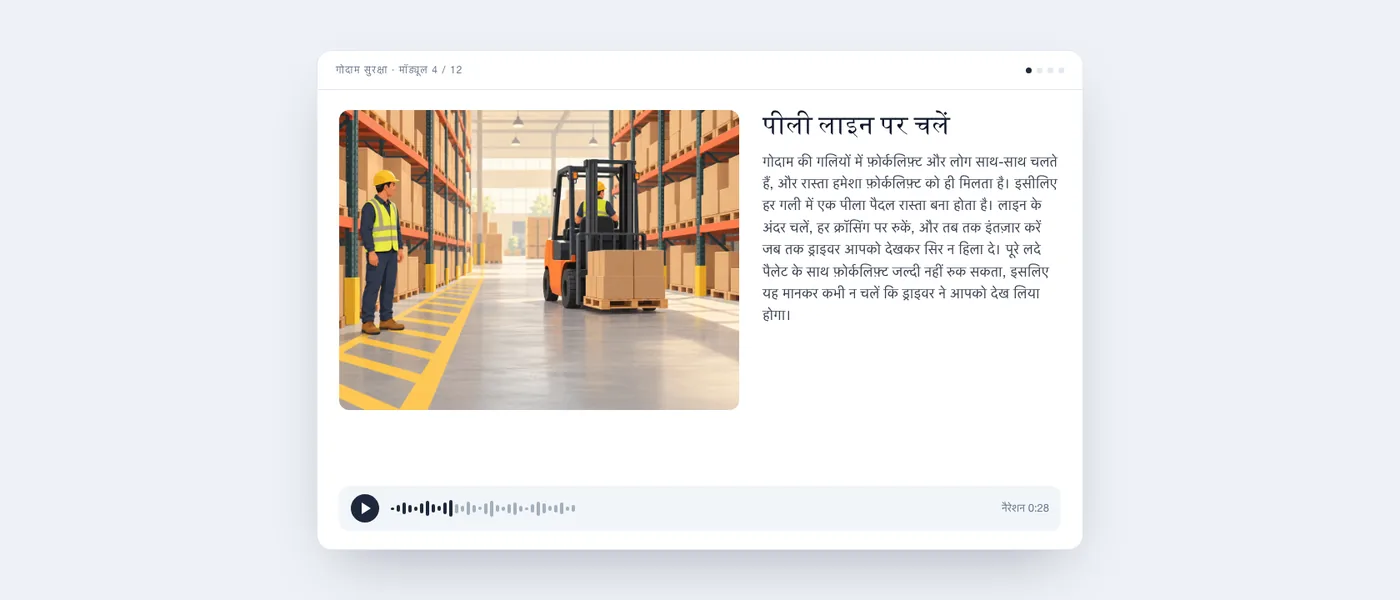 तैयार पाठ की स्क्रीन, जैसी सीखने वाले को दिखती है: पीले पैदल रास्ते और फ़ोर्कलिफ़्ट के पास खड़े एक कर्मचारी का चित्र, पाठ का टेक्स्ट "पीली लाइन पर चलें" और एक ऑडियो प्लेयर।