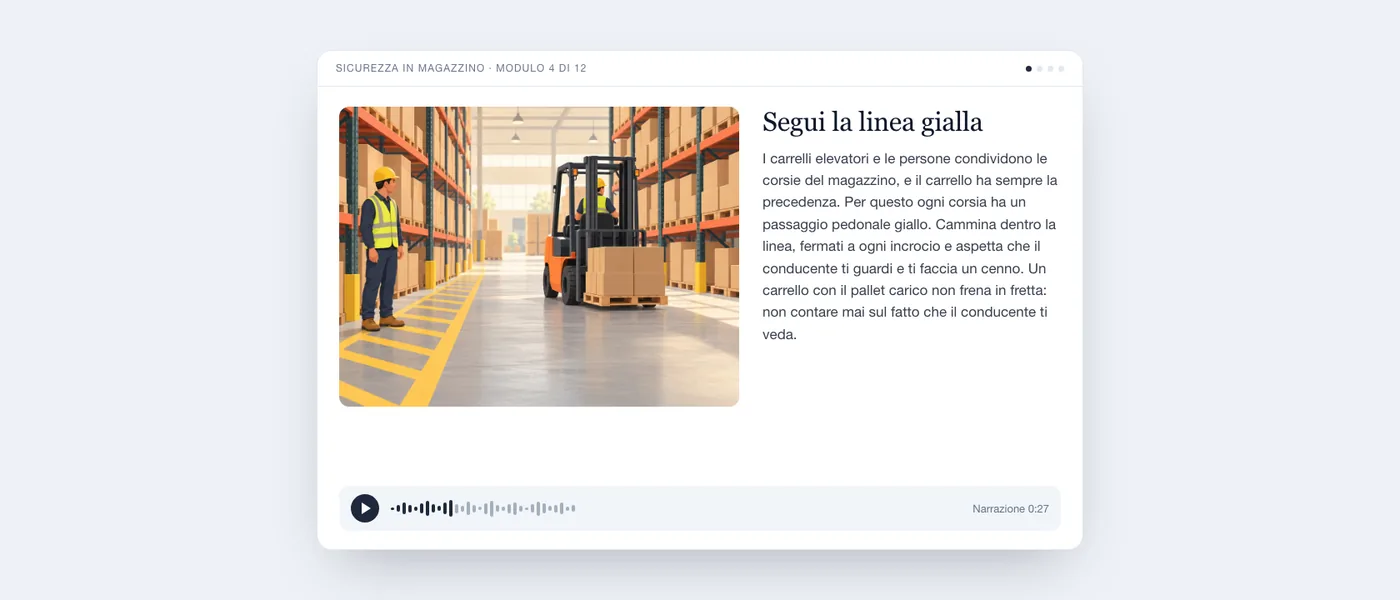 Una lezione completa come la vede chi impara: illustrazione di un operatore accanto a un passaggio pedonale giallo e a un carrello elevatore, il testo della lezione «Segui la linea gialla» e un lettore audio.