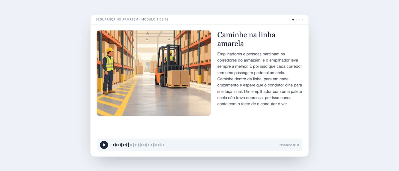 Um ecrã de lição concluída tal como o formando o vê: ilustração de um trabalhador junto a uma passagem pedonal amarela e a um empilhador, o texto da lição "Caminhe na linha amarela" e um leitor de áudio.