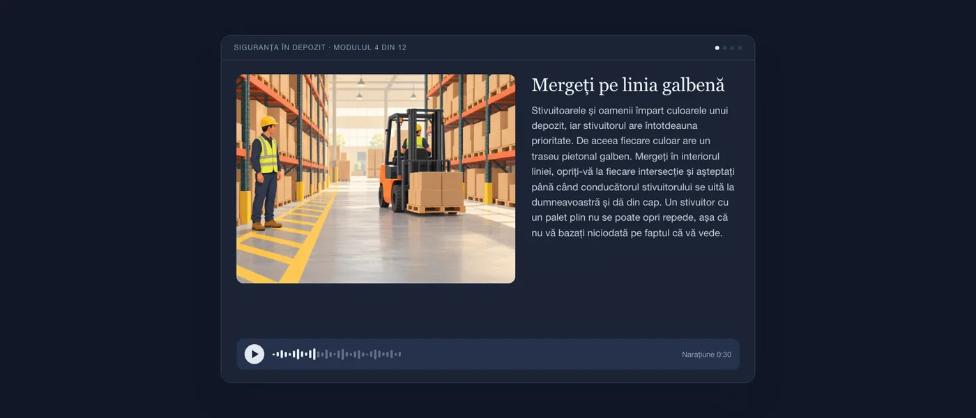O lecție finalizată, așa cum o vede cursantul: ilustrația unui muncitor lângă un culoar pietonal galben și un stivuitor, textul lecției „Mergeți pe linia galbenă” și un player audio.