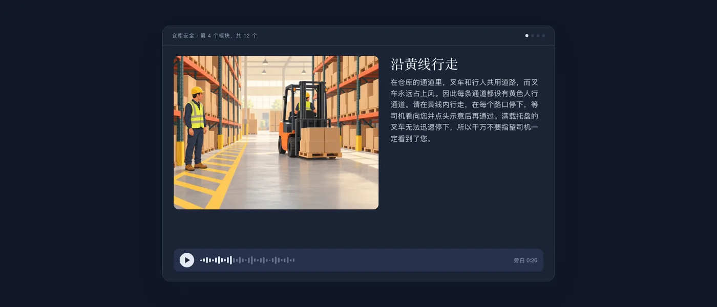 学员看到的完整课程界面：一名工人站在黄色人行通道和叉车旁的插图、课程文本“沿黄线行走”以及音频播放器。
