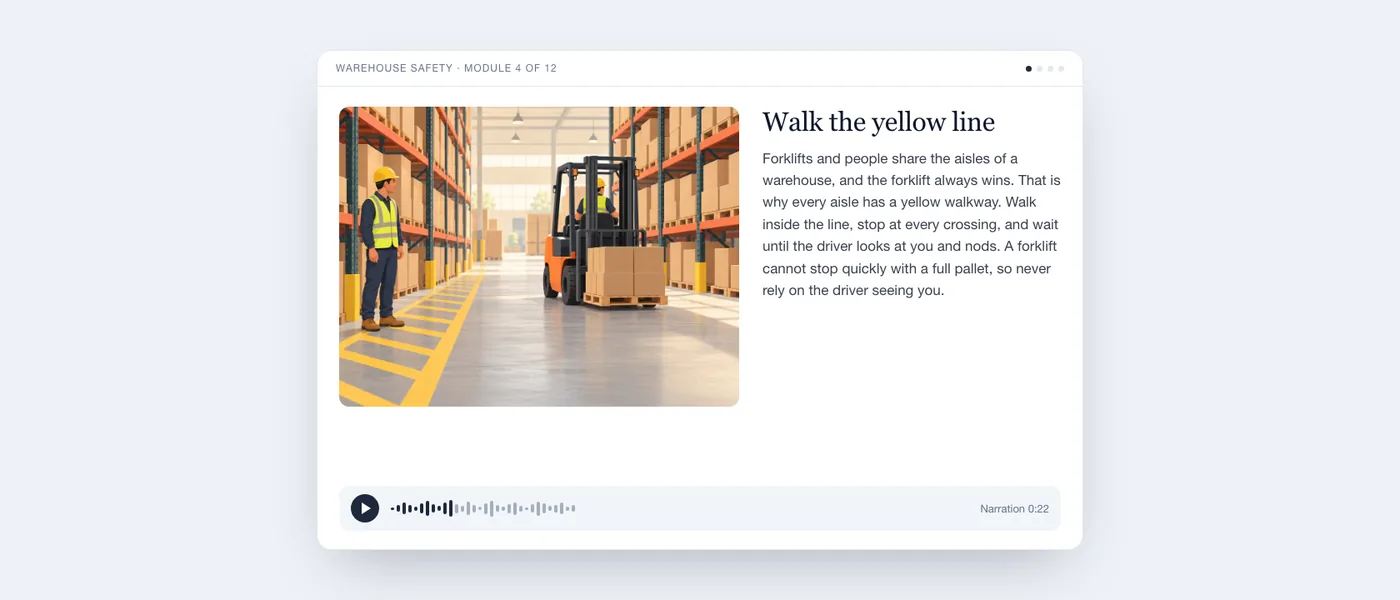 A finished lesson screen as the learner sees it: an illustration of a worker beside a yellow walkway and a forklift, the lesson text "Walk the yellow line" and an audio player.
