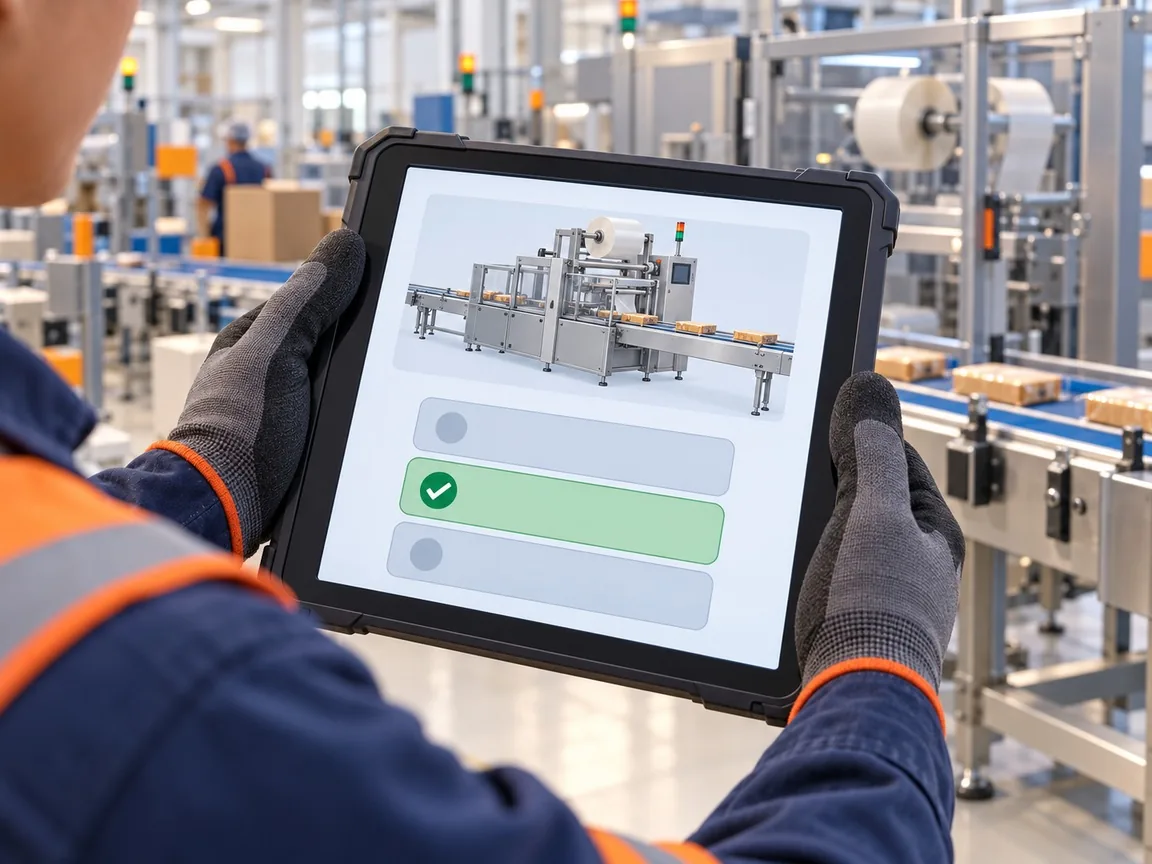 Gloved hands hold a rugged tablet at the line showing a machine picture and three answer buttons, one marked correct.