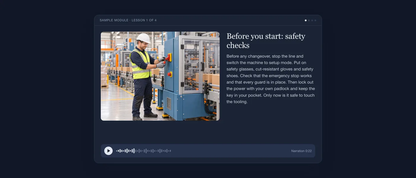 A lesson from the sample module on a screen: an operator locking out a packaging machine, the lesson text and an audio player.