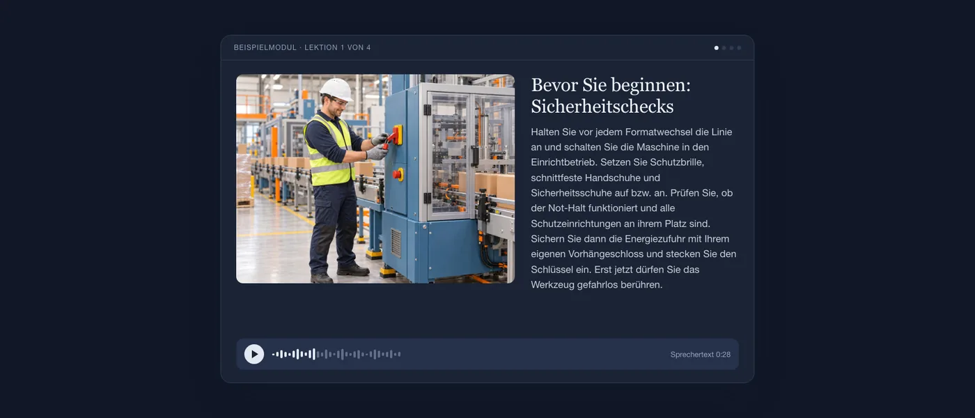 Eine Lektion aus dem Beispielmodul auf einem Bildschirm: Eine Person sichert eine Verpackungsmaschine gegen Wiedereinschalten, dazu Lektionstext und Audioplayer.