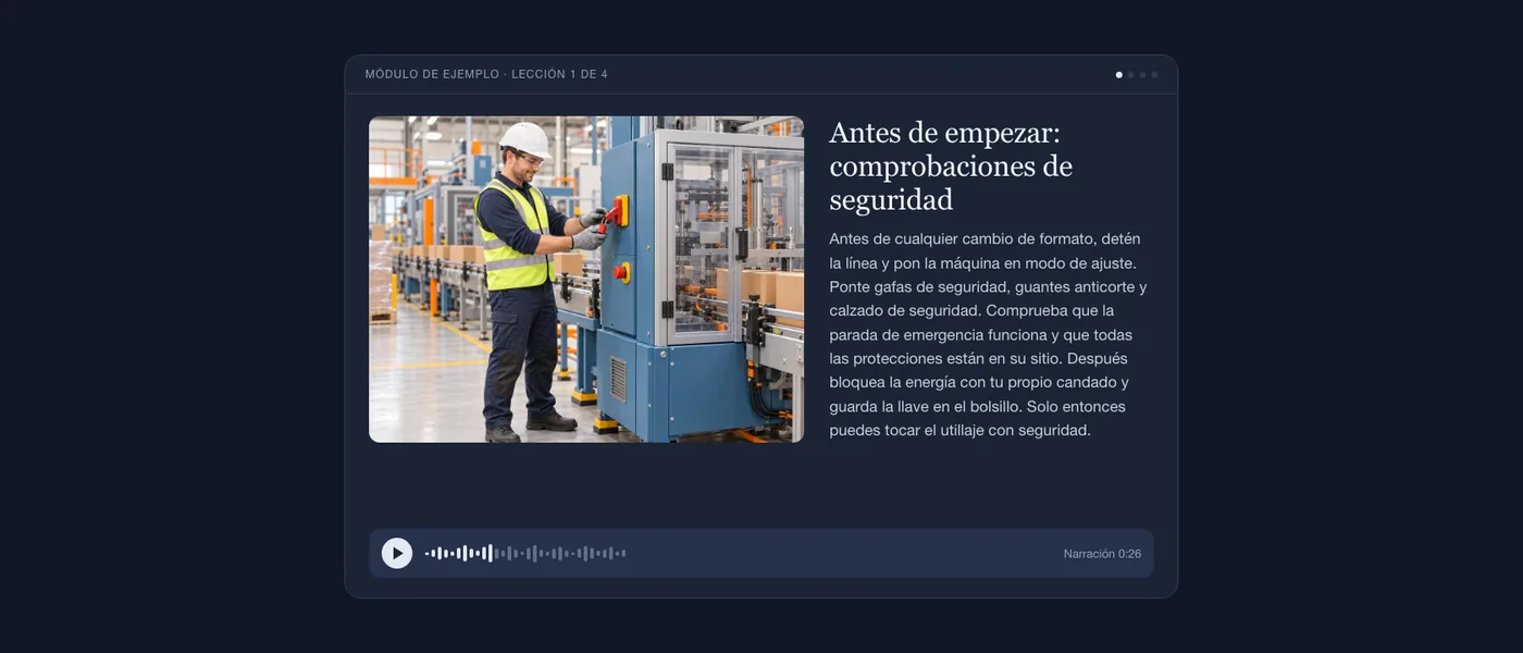 Una lección del módulo de ejemplo en pantalla: un operario bloquea con candado una máquina envasadora, el texto de la lección y un reproductor de audio.