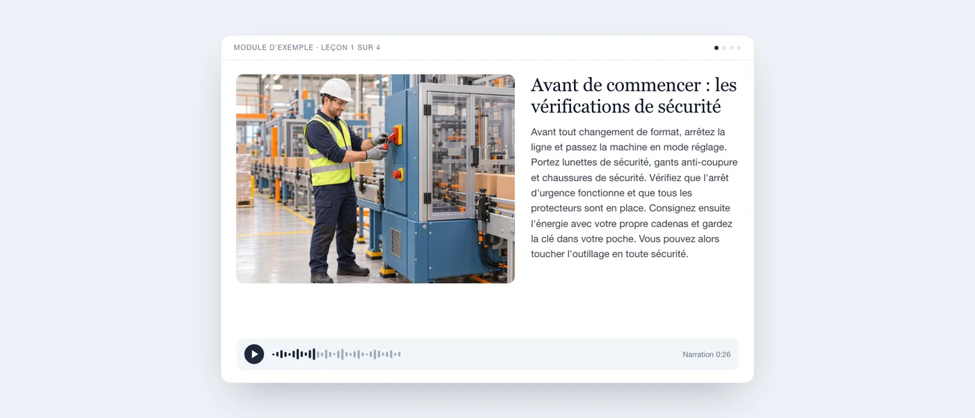 Une leçon du module d'exemple à l'écran : un opérateur consigne une machine d'emballage, le texte de la leçon et un lecteur audio.