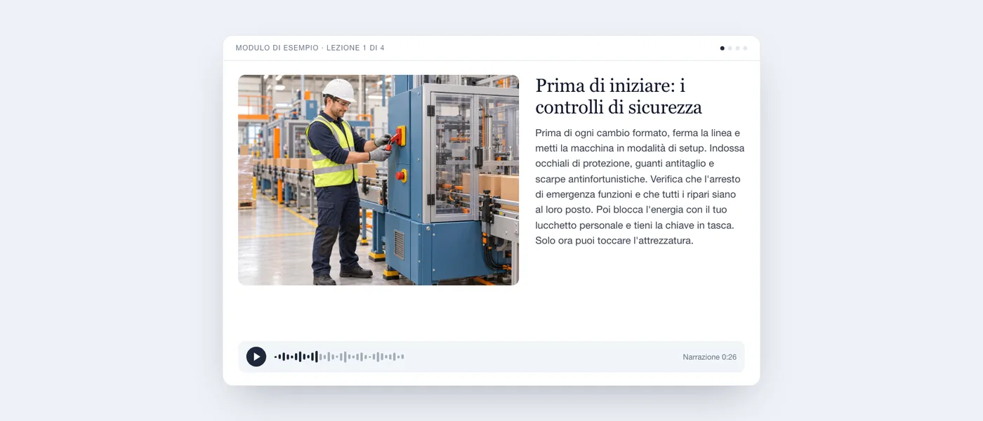 Una lezione del modulo di esempio su schermo: un operatore blocca con il lucchetto una macchina confezionatrice, il testo della lezione e il lettore audio.