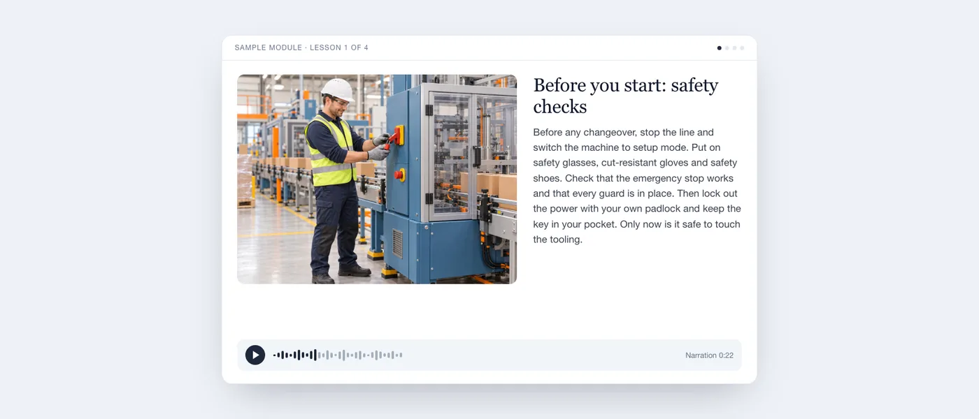 A lesson from the sample module on a screen: an operator locking out a packaging machine, the lesson text and an audio player.