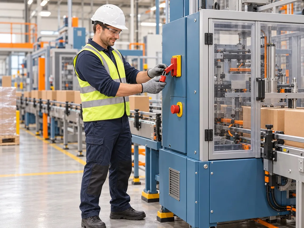 An operator in a hi-vis vest, safety glasses and gloves fits a padlock to the red isolator switch of a packaging machine.