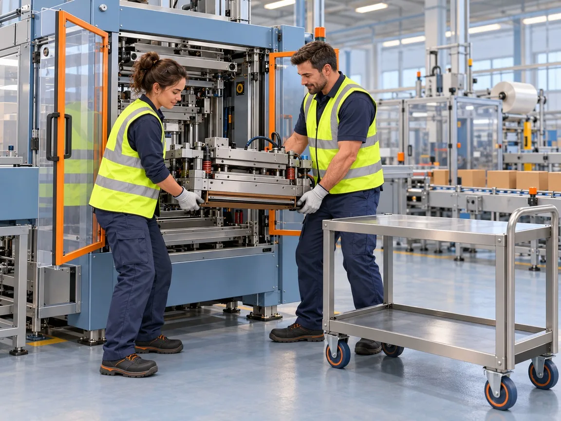 Two operators in hi-vis vests lift a heavy sealing unit out of an open packaging machine toward a tooling cart.