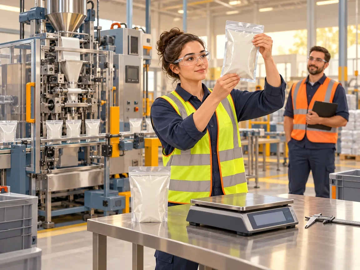 An operator holds a freshly sealed pouch up to compare it with a reference sample, with a scale and caliper on the table.