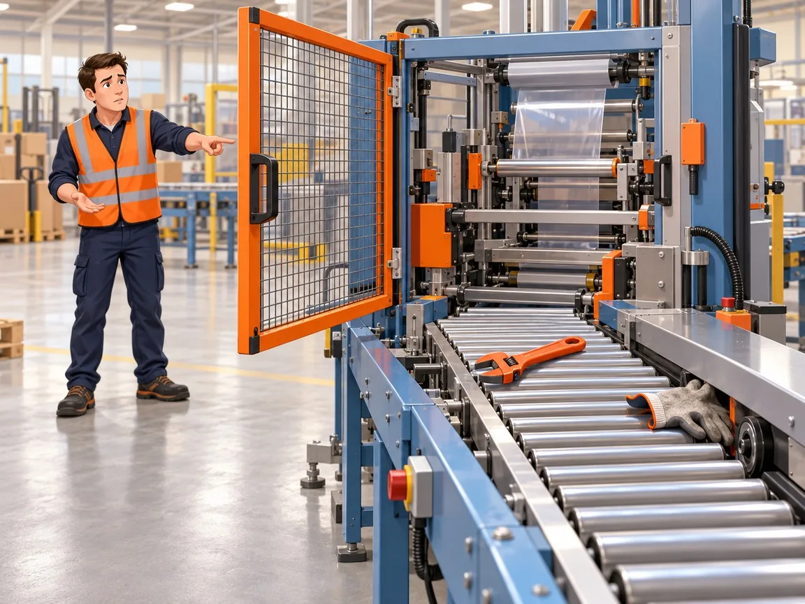 A packaging line before restart with the guard door open, a spanner and a glove lying on the rollers, and an operator pointing at the problem.