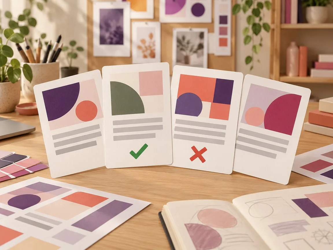 Four printed brand cards fanned out on a table, one with a green tick and one with a red cross, above abstract blocks and grey bars.