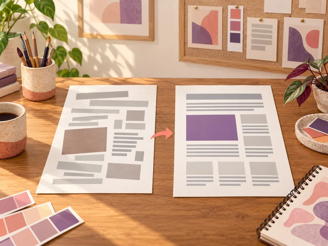 Two versions of a printed page side by side, a cluttered one on the left and a tidy one on the right, with an arrow between them.
