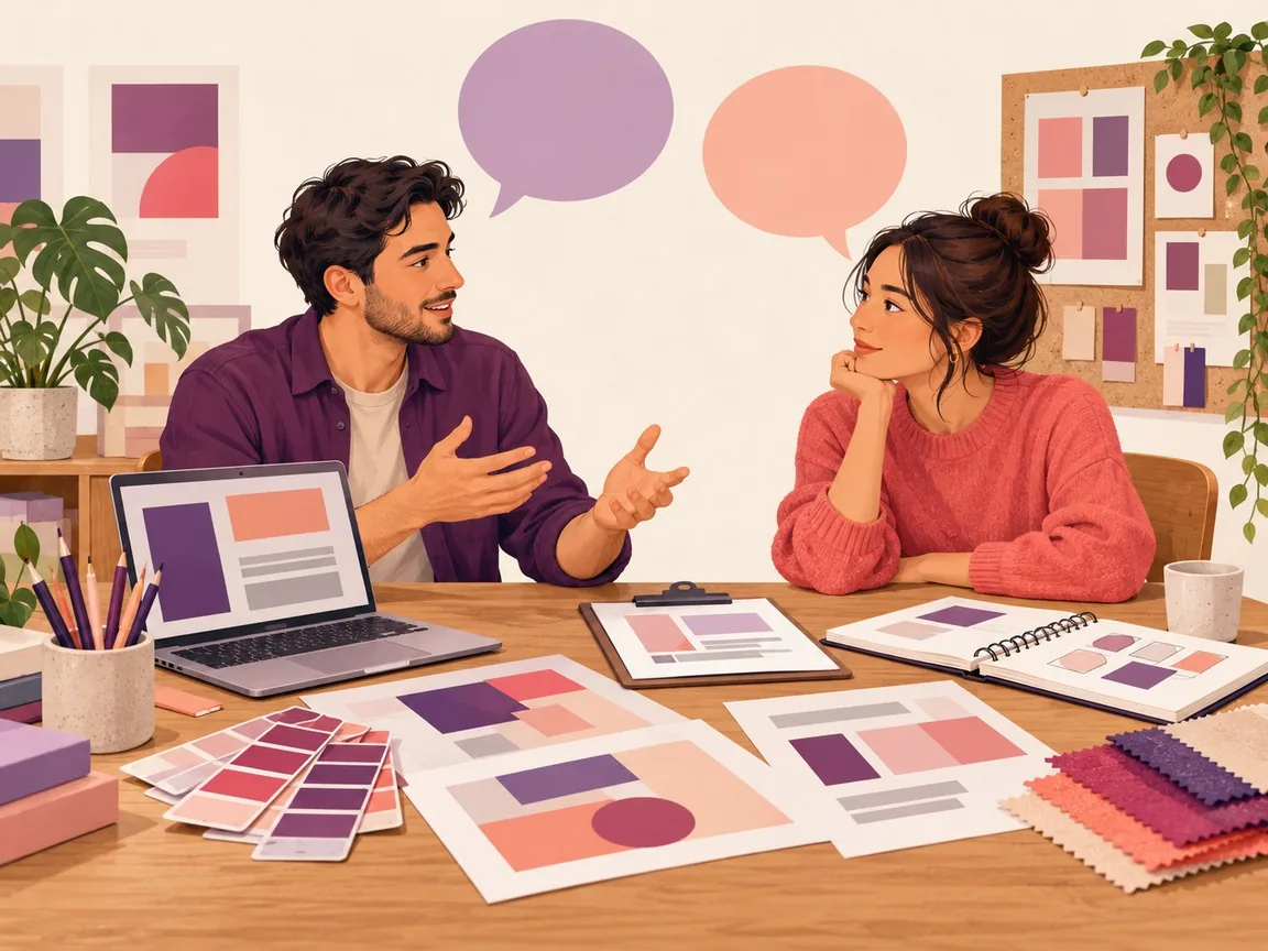 Two colleagues talk across a studio table with empty speech bubbles above them, a clipboard and printed layouts in front of them.